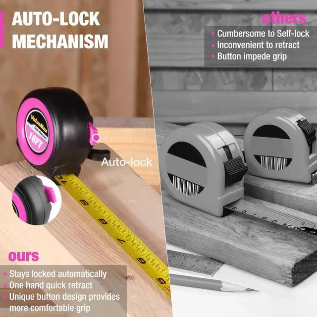 Alt view image 2 of 7 - Tape Measure, 16FT Measuring Tape Retractable, Auto-Lock, Purple | Retractable, Easy Read, Auto-Lock for Construction, Contractor, Carpenter, Height measurement