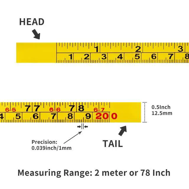 Alt view image 2 of 7 - 2-Pack Steel Self-Adhesive Measuring Tape, 200cm or 78-Inch | 1/2-Inch Peel And Stick Ruler Tape with Imperial and Metric for Woodworking, Drafting Table, Left To Right Reading, Yellow