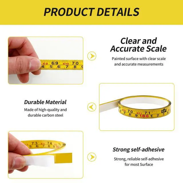 Alt view image 4 of 7 - 2-Pack Steel Self-Adhesive Measuring Tape, 200cm or 78-Inch | 1/2-Inch Peel And Stick Ruler Tape with Imperial and Metric for Woodworking, Drafting Table, Left To Right Reading, Yellow