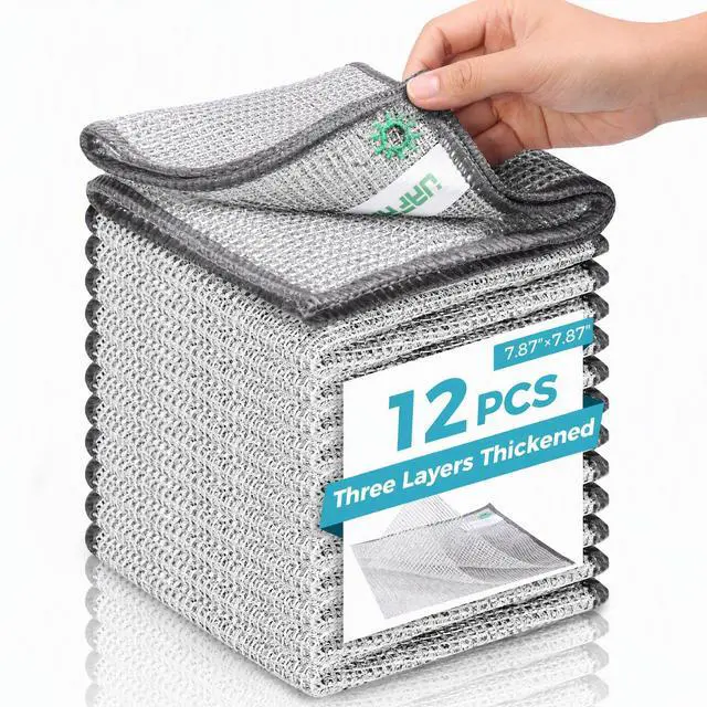 Main image of 12pcs Upgrade 3-Layer Non-Scratch Steel Wool Dish Rags for Washing Dishes | Wet & Dry Clening, Effortlessly Strips Stuck-on Grime, Great for Cookware, Sinks, Dishes and Stove tops 7.87 x 7.87