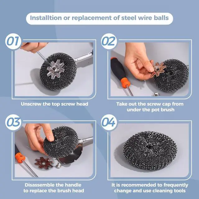 Alt view image 6 of 6 - Long Handle Steel Wool Brush Set 6 Replacement Heads & 1 Long Handle, Heavy-Duty Scrubber for Dishes, Outdoor Grill, Rust Removal, Floors, Commercial Flat Top, Drill & Kitchen Cleaning