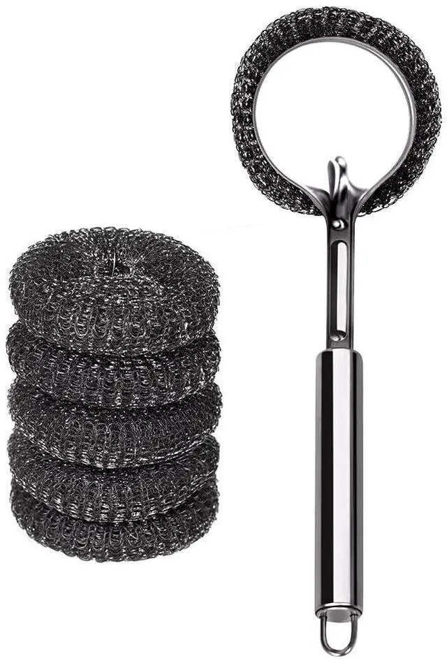 Main image of Long Handle Steel Wool Brush Set 6 Replacement Heads & 1 Long Handle, Heavy-Duty Scrubber for Dishes, Outdoor Grill, Rust Removal, Floors, Commercial Flat Top, Drill & Kitchen Cleaning