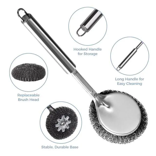 Alt view image 3 of 6 - Long Handle Steel Wool Brush Set 6 Replacement Heads & 1 Long Handle, Heavy-Duty Scrubber for Dishes, Outdoor Grill, Rust Removal, Floors, Commercial Flat Top, Drill & Kitchen Cleaning