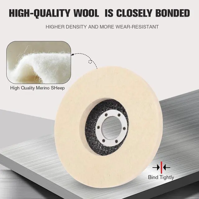 Alt view image 5 of 7 - Wool Flap Buffing Wheel Pad 4.5" × 0.87" Wool Polishing Wheel Disc for Angle Grinder for Stainless Steel, Surface Finishing Metal Aluminum, Wood, Glass polishing, Ceramic, Marble, Furniture 5pcs