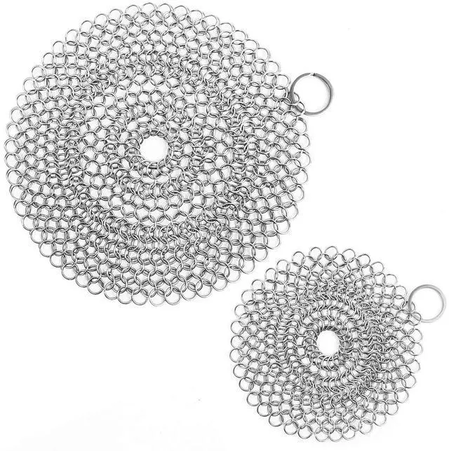 Main image of Cast Iron Skillet Cleaner Chainmail,2 Pack Premium Stainless Steel Chain Maille Scrubber for Cast Iron Pans,Stainless Steel,Glassware(7IN &5IN Round)
