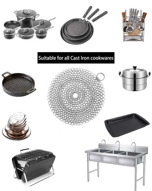 Alt view image 4 of 7 - Cast Iron Skillet Cleaner Chainmail,2 Pack Premium Stainless Steel Chain Maille Scrubber for Cast Iron Pans,Stainless Steel,Glassware(7IN &5IN Round)