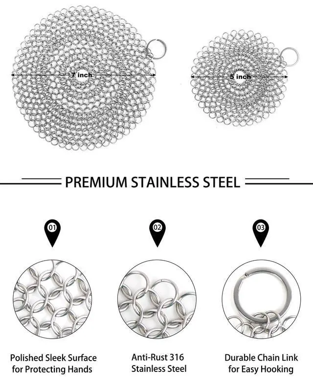 Alt view image 5 of 7 - Cast Iron Skillet Cleaner Chainmail,2 Pack Premium Stainless Steel Chain Maille Scrubber for Cast Iron Pans,Stainless Steel,Glassware(7IN &5IN Round)