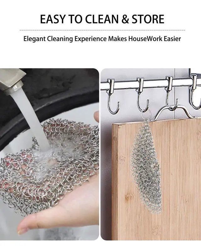 Alt view image 7 of 7 - Cast Iron Skillet Cleaner Chainmail,2 Pack Premium Stainless Steel Chain Maille Scrubber for Cast Iron Pans,Stainless Steel,Glassware(7IN &5IN Round)