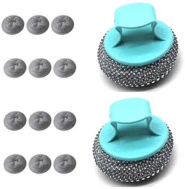 Main image of 14 Pack Steel Wool Scrubber,Stainless Steel Scrubber with Handle, Pink, 2 Pack with 12 Replacement Pads, Heavy Duty Scouring for Pots, Pans, Cast Iron, Grill