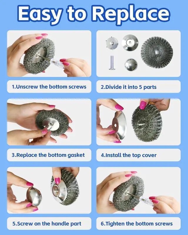 Alt view image 4 of 7 - 2 Pack Stainless Steel Scrubber with Handle, Includes 2 Replacement Steel Wool Pads, Heavy-Duty Scouring Brush for Pots, Pans, Stovetops and Kitchen Cleaning