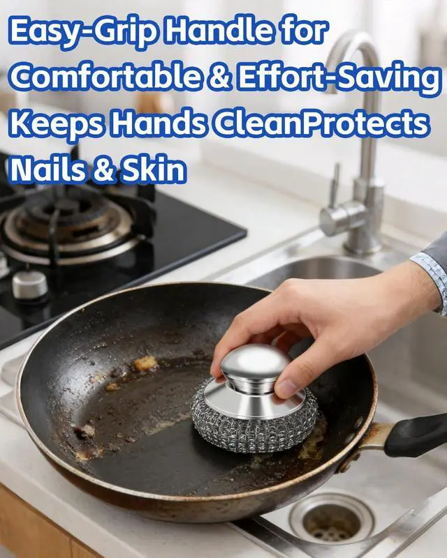 Alt view image 2 of 7 - 2 Pack Stainless Steel Scrubber with Handle, Includes 2 Replacement Steel Wool Pads, Heavy-Duty Scouring Brush for Pots, Pans, Stovetops and Kitchen Cleaning
