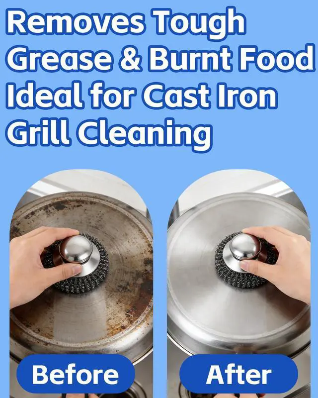 Alt view image 3 of 7 - 2 Pack Stainless Steel Scrubber with Handle, Includes 2 Replacement Steel Wool Pads, Heavy-Duty Scouring Brush for Pots, Pans, Stovetops and Kitchen Cleaning