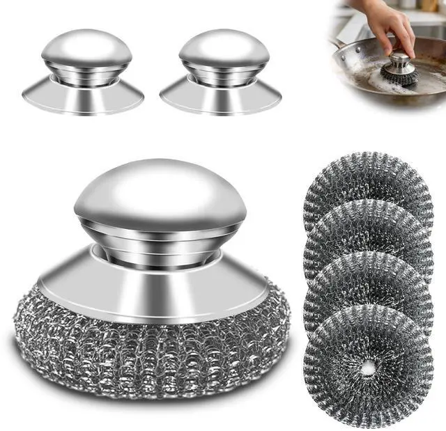 Main image of 2 Pack Stainless Steel Scrubber with Handle, Includes 2 Replacement Steel Wool Pads, Heavy-Duty Scouring Brush for Pots, Pans, Stovetops and Kitchen Cleaning