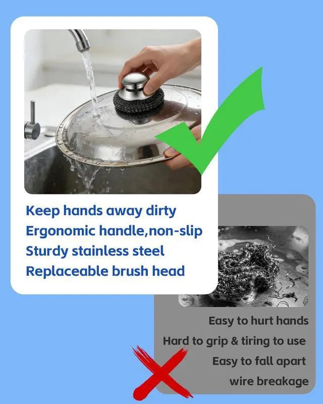 Alt view image 5 of 7 - 2 Pack Stainless Steel Scrubber with Handle, Includes 2 Replacement Steel Wool Pads, Heavy-Duty Scouring Brush for Pots, Pans, Stovetops and Kitchen Cleaning