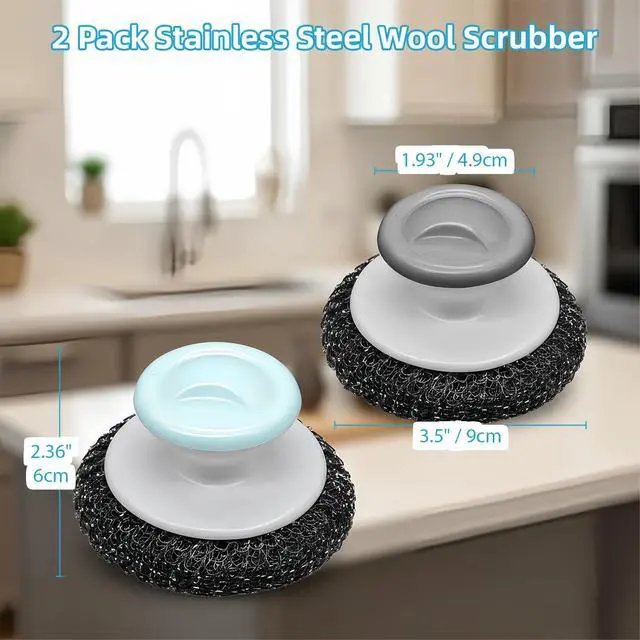 Alt view image 2 of 6 - 2 Pack Stainless Steel Scrubber Set, Durable & Convenient Stainless Steel Cleaner with Handle for Cleaning Cast Iron, Pots, Pans, Grill, Stoves, Sink & Cookware (Plastic Handle)