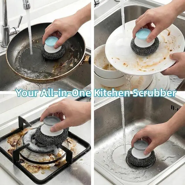 Alt view image 4 of 6 - 2 Pack Stainless Steel Scrubber Set, Durable & Convenient Stainless Steel Cleaner with Handle for Cleaning Cast Iron, Pots, Pans, Grill, Stoves, Sink & Cookware (Plastic Handle)