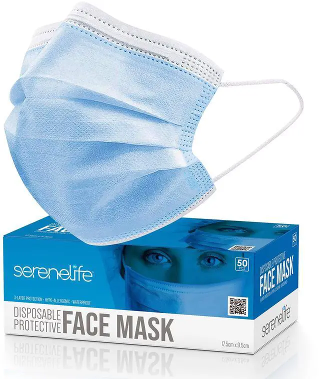 Main image of SereneLife 50 Count Disposable Kids Face Masks | Breathable 3-Ply Layers | Non-Woven Fabric | Comfortable Earloops | Daily Use & Personal Care | Easy to Use & Disposable | For Children (Blue)