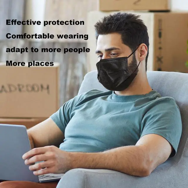 Alt view image 2 of 6 - 50-Pack Black Disposable Face Masks 4-Ply Breathable Dust Masks for Men & Women Super Soft Masks, Lightweight Protection for Daily Use, Travel