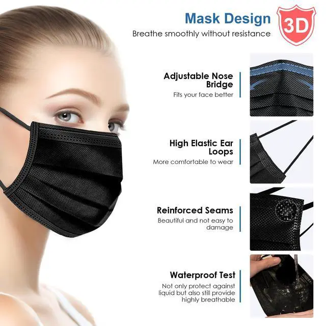 Alt view image 3 of 7 - Black Disposable Face Masks 50PCS 3 Ply