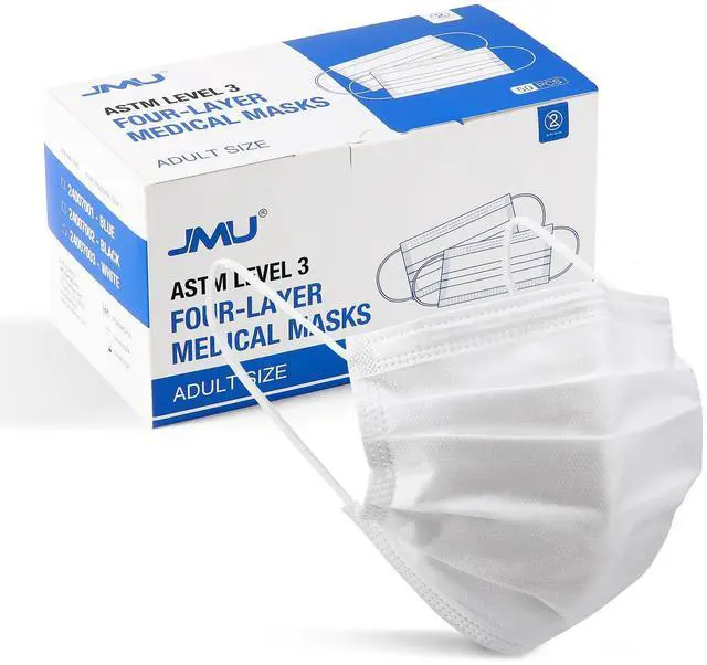Main image of 50 Pack White Disposable Face Masks for Adults, 4-Ply, ASTM Level 3 | Medical White Face Mask, 98% Filtration, Breathable & Comfortable