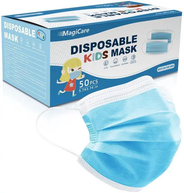 Main image of Kids Face Mask, Disposable Blue Kids Mask, Youth Ages 4-12 | 50/Box, 3 Ply, Soft, Comfortable, Breathable