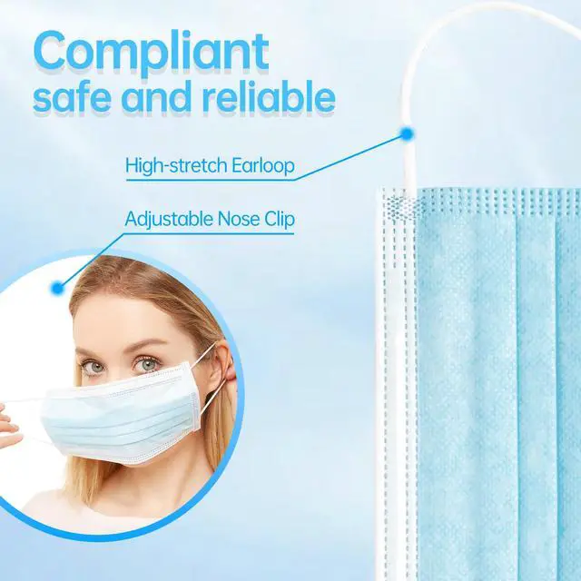 Alt view image 3 of 5 - Disposable Face Mask - 3 Ply Filter Protection Face Masks, 50 Pack Blue