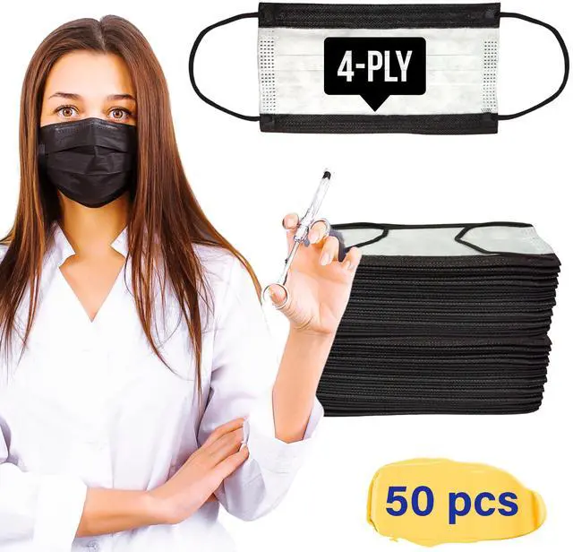 Alt view image 7 of 7 - 50 Pcs Black Disposable 4 Layers Face Masks, Non-medical, Extra Layer Protection Face Masks for Adult, Teenager, Seniors
