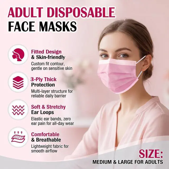 Alt view image 2 of 7 - 100 Pcs Disposable 3 Layer Filter Pink Dustproof Male and Female Universal Mask, Suitable for Party - Outdoor Travel - Daily Use