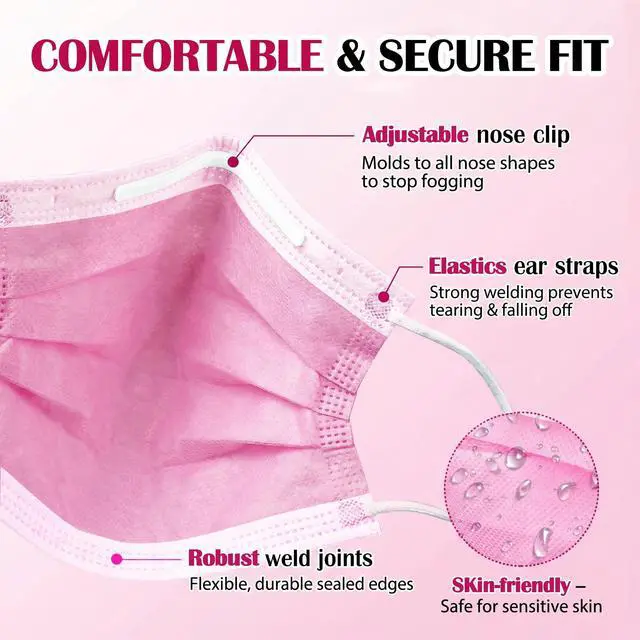 Alt view image 4 of 7 - 100 Pcs Disposable 3 Layer Filter Pink Dustproof Male and Female Universal Mask, Suitable for Party - Outdoor Travel - Daily Use