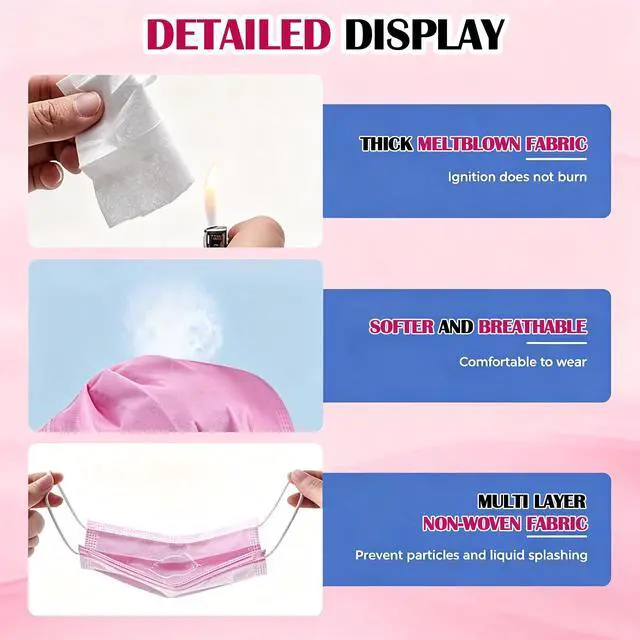 Alt view image 6 of 7 - 100 Pcs Disposable 3 Layer Filter Pink Dustproof Male and Female Universal Mask, Suitable for Party - Outdoor Travel - Daily Use