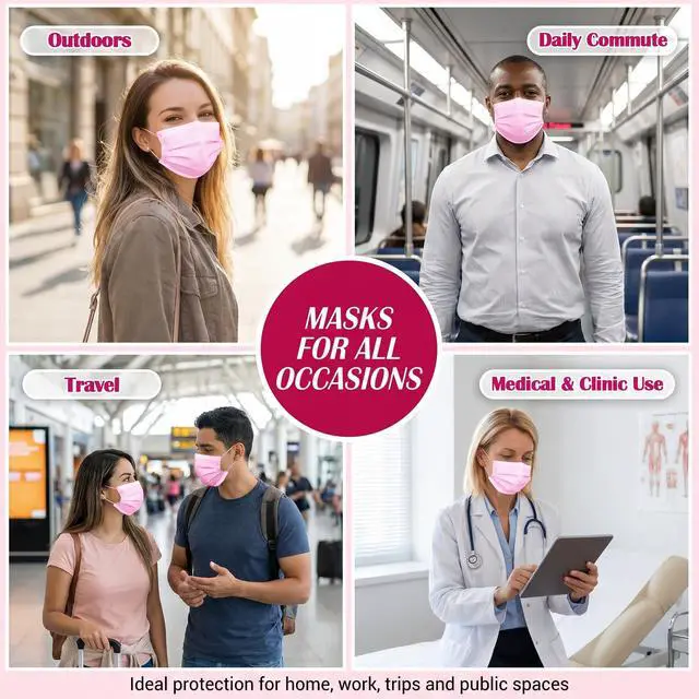 Alt view image 7 of 7 - 100 Pcs Disposable 3 Layer Filter Pink Dustproof Male and Female Universal Mask, Suitable for Party - Outdoor Travel - Daily Use
