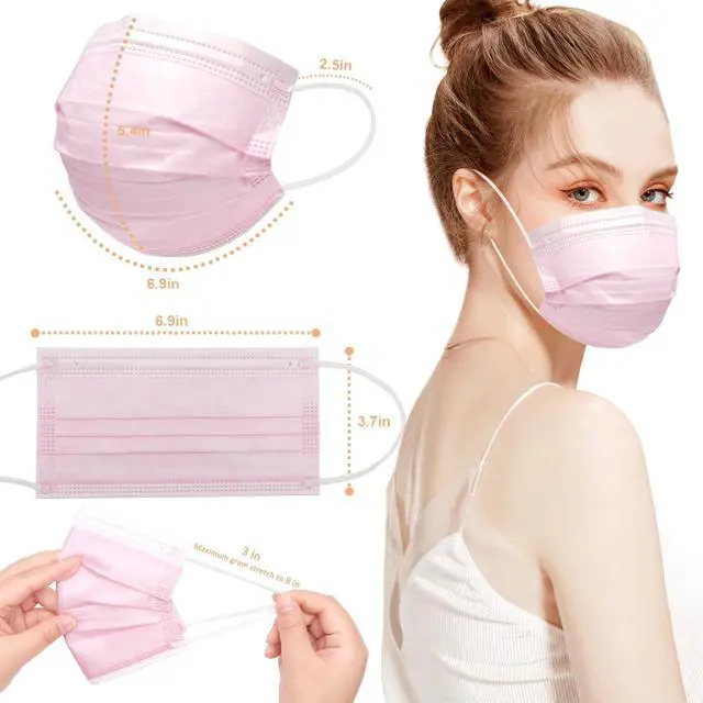 Alt view image 2 of 7 - Disposable Face Masks Pink 100 PCS 3 Ply Safety Respirator Breathable Comfortable Protection for Home Office Outdoor