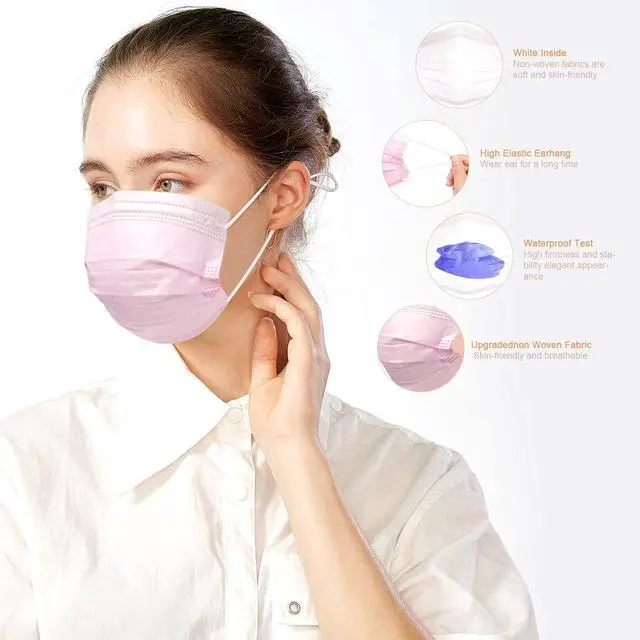 Alt view image 4 of 7 - Disposable Face Masks Pink 100 PCS 3 Ply Safety Respirator Breathable Comfortable Protection for Home Office Outdoor