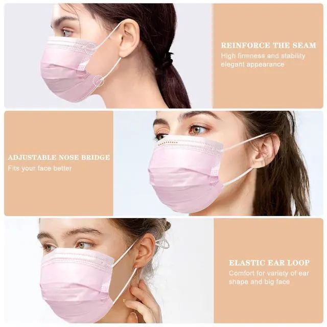 Alt view image 3 of 7 - Disposable Face Masks Pink 100 PCS 3 Ply Safety Respirator Breathable Comfortable Protection for Home Office Outdoor