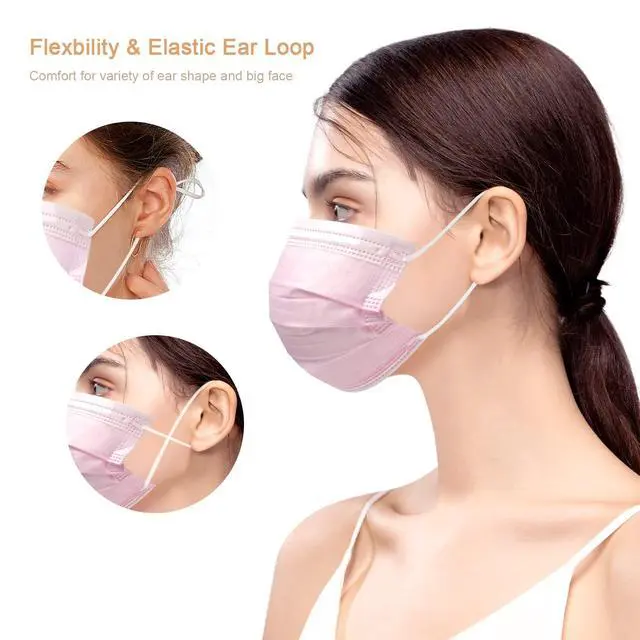 Alt view image 5 of 7 - Disposable Face Masks Pink 100 PCS 3 Ply Safety Respirator Breathable Comfortable Protection for Home Office Outdoor
