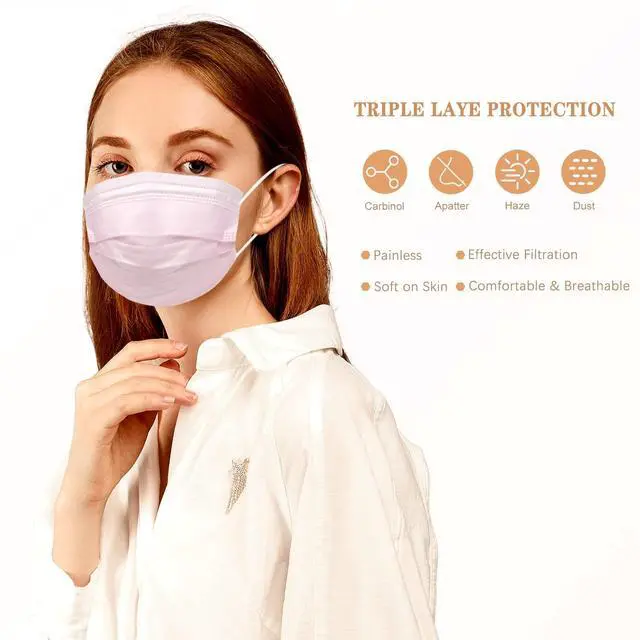 Alt view image 6 of 7 - Disposable Face Masks Pink 100 PCS 3 Ply Safety Respirator Breathable Comfortable Protection for Home Office Outdoor
