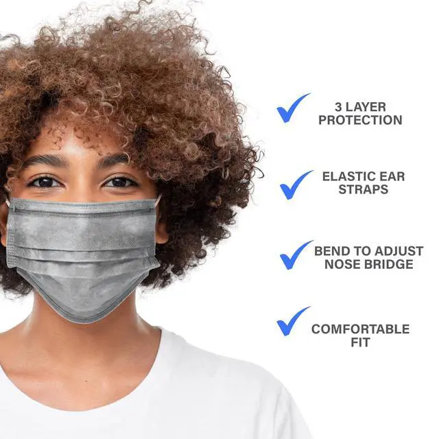 Alt view image 3 of 5 - 150PCS Gray Disposable Face Masks, Non-medical, 3 Layer Protection Face Masks for Adult, Teenager, Seniors Bag 150pcs (Gray)