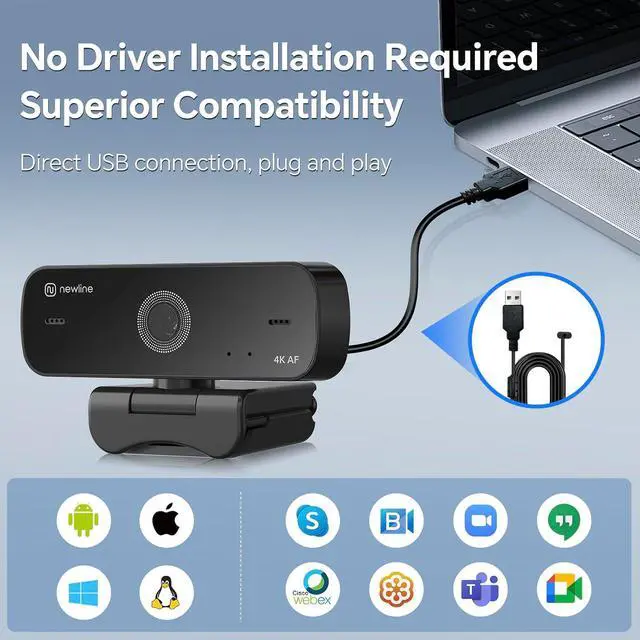 Main image of 4K Webcam for PC with Dual Microphones, Autofocus USB Camera with Privacy Cover and Auto Light Correction, Plug and Play for Laptop, Mac, Zoom, Teams, Video Calls and Streaming
