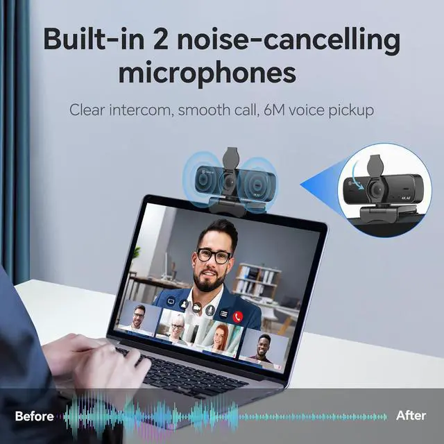 Alt view image 5 of 6 - 4K Webcam for PC with Dual Microphones, Autofocus USB Camera with Privacy Cover and Auto Light Correction, Plug and Play for Laptop, Mac, Zoom, Teams, Video Calls and Streaming