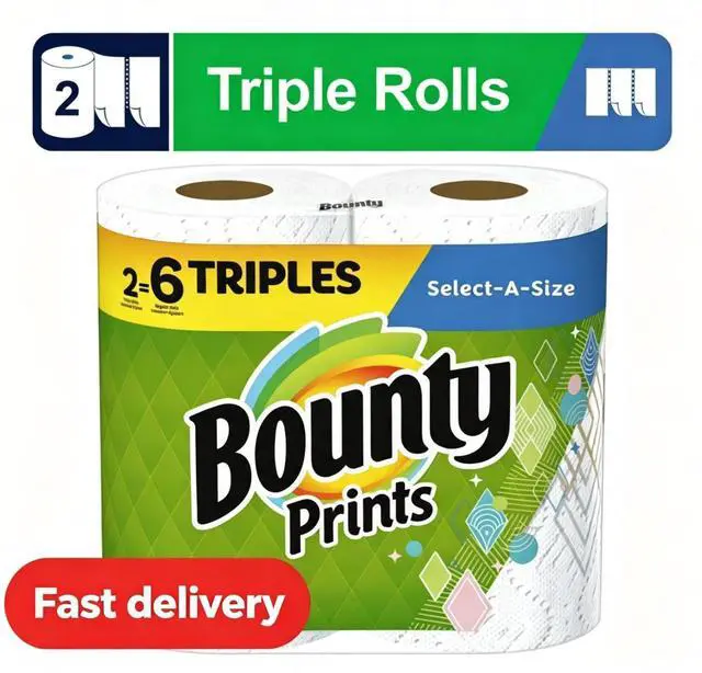 Main image of Bounty SelectaSize Printed Paper Towels, 2 Triple Rolls, Disposable Absorbent Kitchen Household Cleaning Paper Towels
