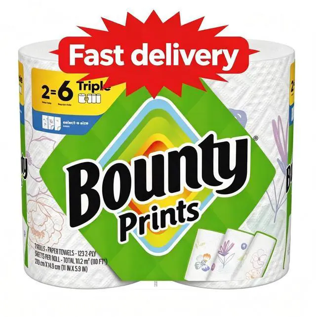 Main image of Bounty SelectASize Print Paper Towels, 2 Triple Rolls, 123 Sheets per Roll, Disposable Absorbent Household Kitchen Cleaning Paper