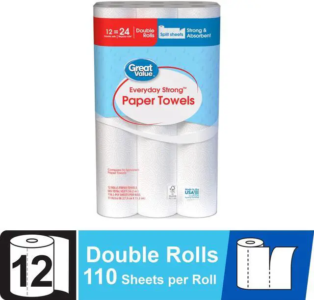 Alt view image 6 of 7 - Great Value Everyday Strong Disposable Paper Towels, 12 Double Rolls, HeavyDuty Absorbent Cleaning Paper for Kitchen & Home
