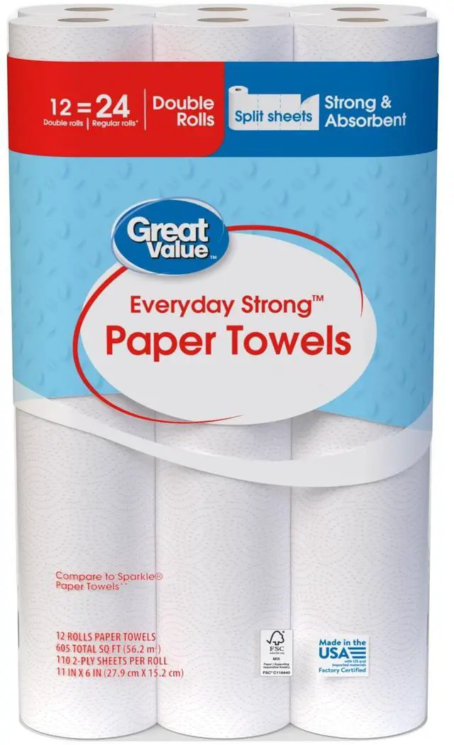 Alt view image 2 of 7 - Great Value Everyday Strong Disposable Paper Towels, 12 Double Rolls, HeavyDuty Absorbent Cleaning Paper for Kitchen & Home