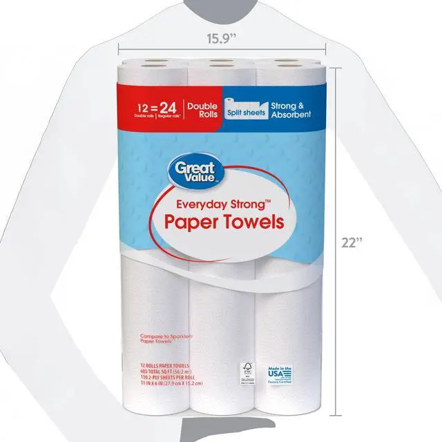 Alt view image 7 of 7 - Great Value Everyday Strong Disposable Paper Towels, 12 Double Rolls, HeavyDuty Absorbent Cleaning Paper for Kitchen & Home