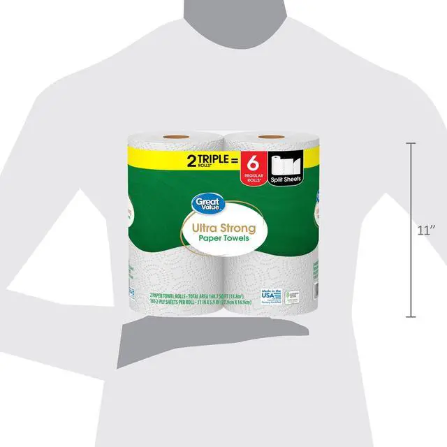 Alt view image 4 of 7 - Great Value Ultra Strong Disposable Paper Towels, 2 Triple Rolls, 330 Total Sheets, HeavyDuty Absorbent Cleaning Paper for Home & Kitchen