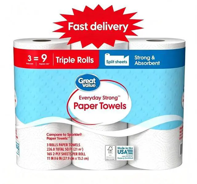 Main image of Great Value Everyday Strong Disposable Paper Towels, 3 Triple Rolls, HeavyDuty Absorbent Cleaning Paper for Kitchen & Home Use