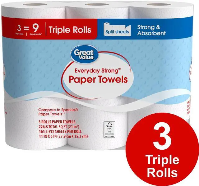 Alt view image 7 of 7 - Great Value Everyday Strong Disposable Paper Towels, 3 Triple Rolls, HeavyDuty Absorbent Cleaning Paper for Kitchen & Home Use