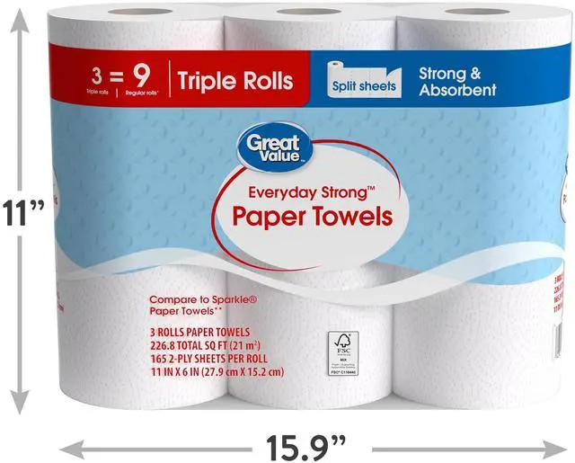 Alt view image 6 of 7 - Great Value Everyday Strong Disposable Paper Towels, 3 Triple Rolls, HeavyDuty Absorbent Cleaning Paper for Kitchen & Home Use