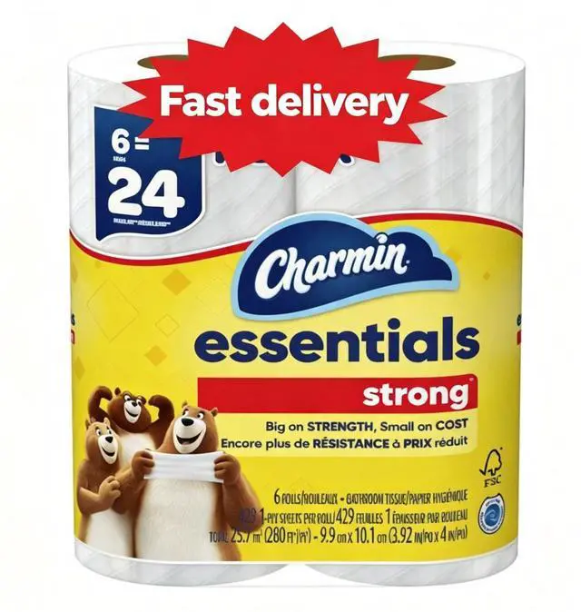 Main image of Charmin Essentials Strong Bathroom Tissue Toilet Paper, 6 Mega Rolls, 429 Sheets per Roll, Absorbent Disposable Paper for Home Bathroom Daily Use