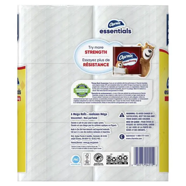 Alt view image 4 of 7 - Charmin Essentials Strong Bathroom Tissue Toilet Paper, 6 Mega Rolls, 429 Sheets per Roll, Absorbent Disposable Paper for Home Bathroom Daily Use